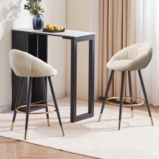 Set of 2 Blooming Flower Chenille Bar Stools, Khaki