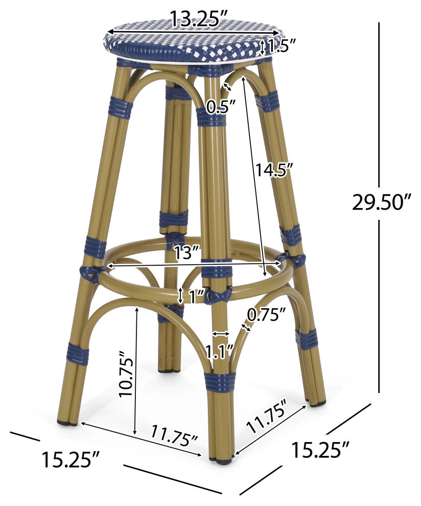 Dohney Outdoor French Aluminum 29.5" Barstools, Set of 2, Navy Blue/White/Bamboo Finish