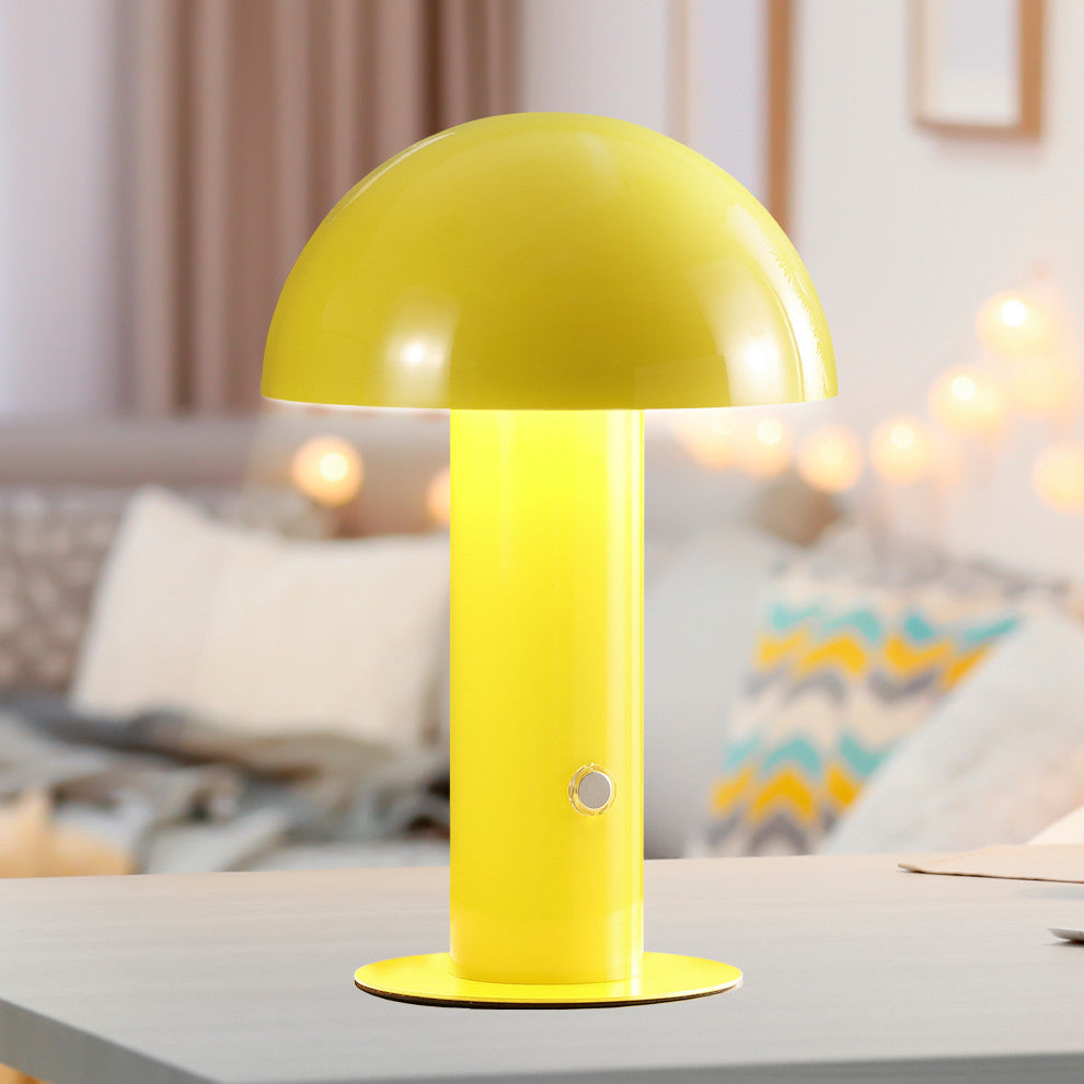 Boletus 10.75" Rechargeable/Cordless Iron Integrated Mushroom Table Lamp, Yellow