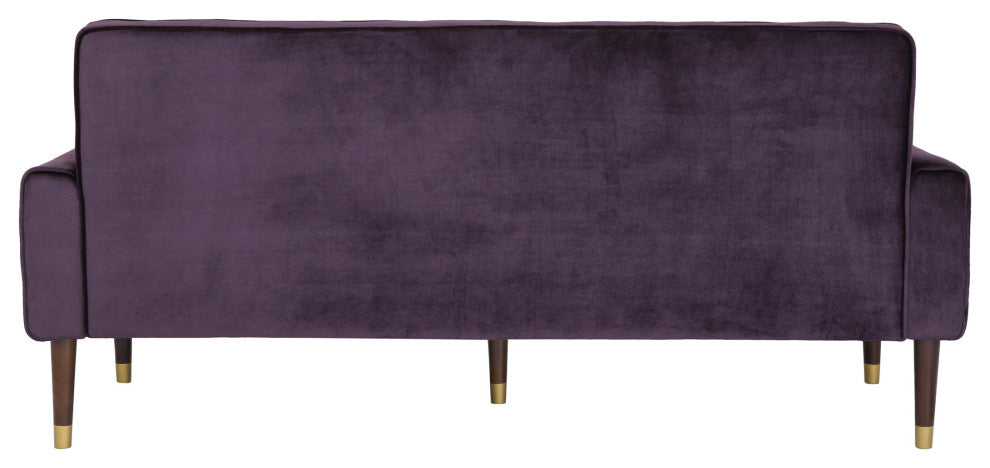 Adan Tufted Velvet Sofa With Gold Tipped Tapered Legs, Blackberry, Gold Finish