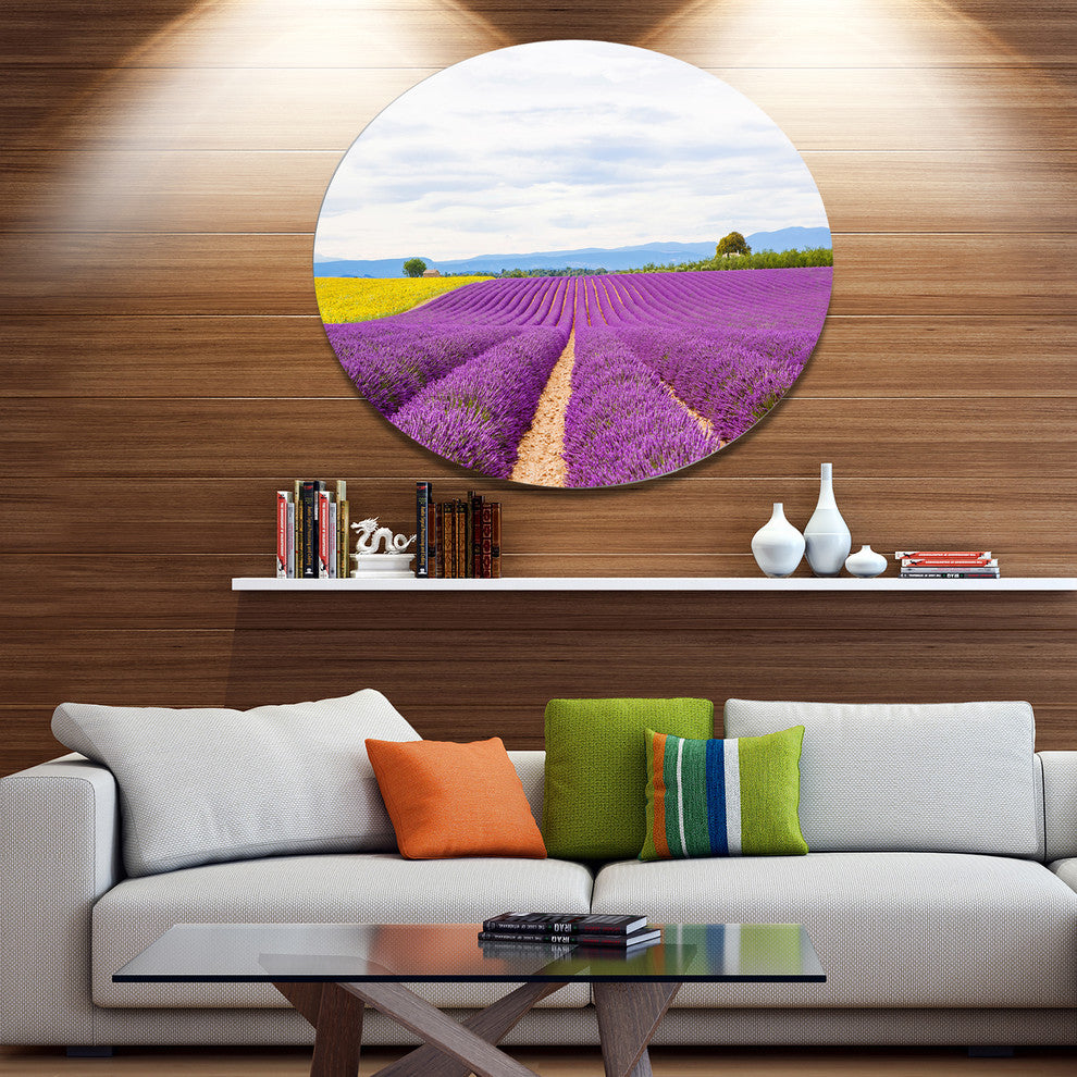Sunflower And Lavender Fields, Landscape Large Disc Metal Wall Art, 23"
