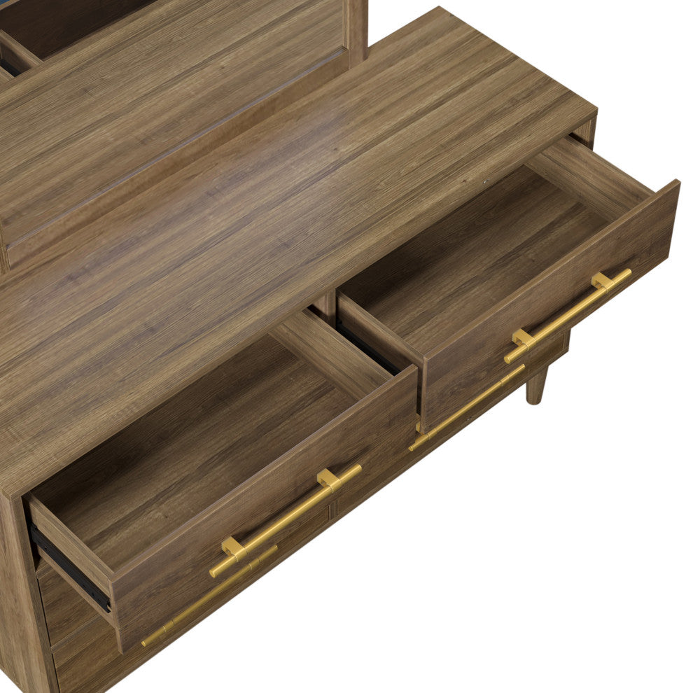 6 Drawers 56" W Wood Double Dresser, Natural Walnut