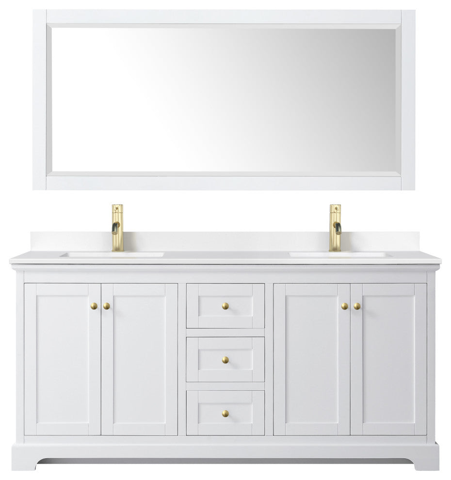 72"DBL Vanity White, White Cult. Marble Countertop, Sinks, 70"Mirror, Gold Trim