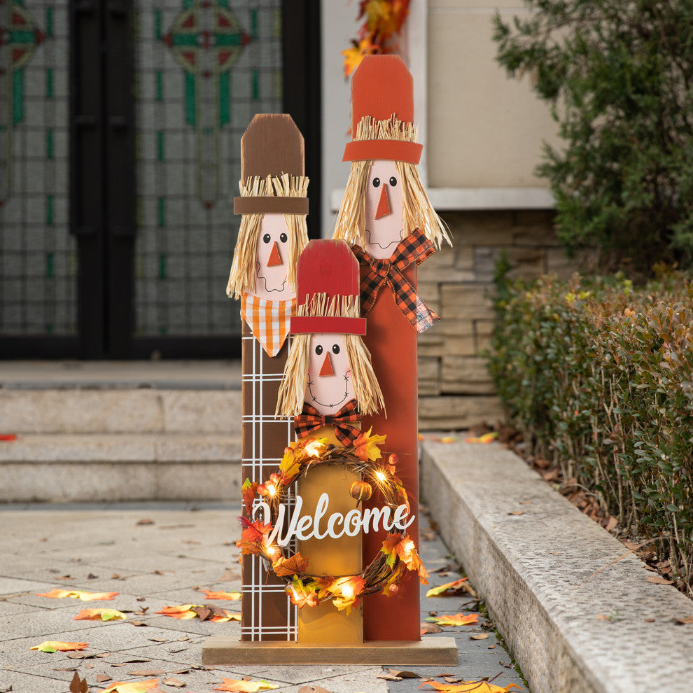 36.25" H Lighted Wooden Scarecrow Porch Decor