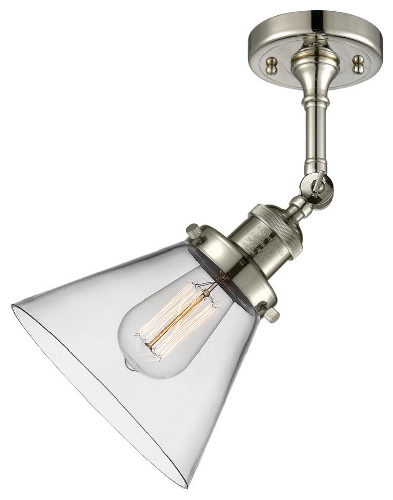 Large Cone 8" Semi-Flush Mount, Polished Nickel, Glass: Clear