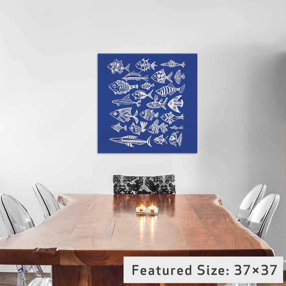 "Fish Inkings Blue" Print by Cat Coquillette, 26"x26"x1.5"
