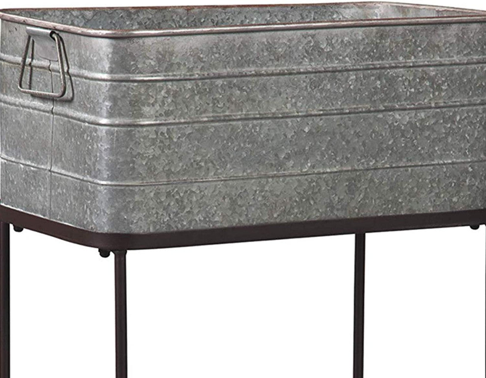 Benzara BM193778 Metal Beverage Tub with Stand & Open Grid Shelf, Gray/Black