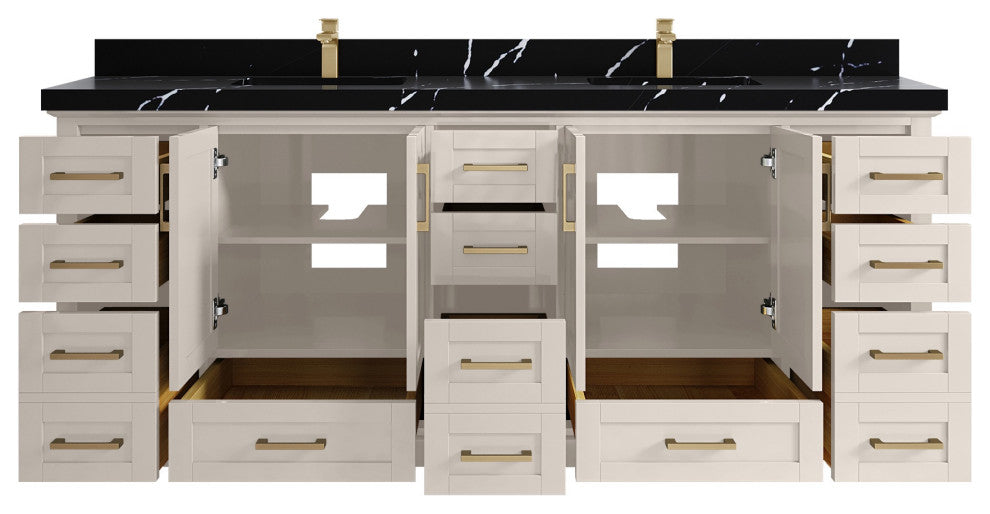 Boston 84" Double Sink Bath Vanity in Fine Grain 2" Calacatta Black