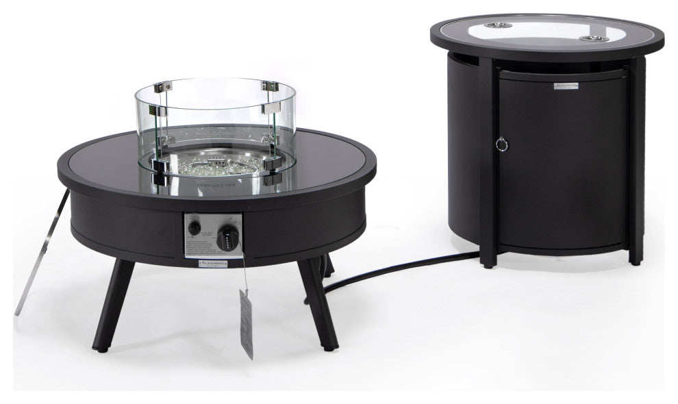 LeisureMod Walbrooke Round Fire Pit Table and Tank Holder, Black