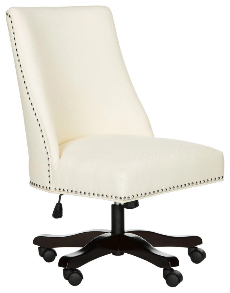 Contemporary Office Chair, Swiveling Padded Seat With Brass Nailhead Trim, Cream