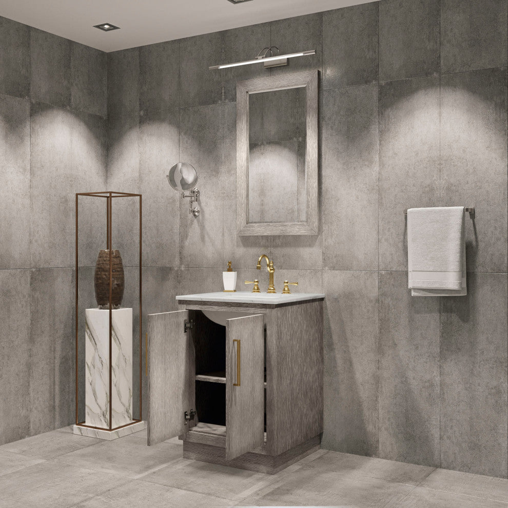 Hugo Carrara White Marble Countertop Vanity in Gray Oak, Satin Gold Hardware, 24", Vanity With Mirror