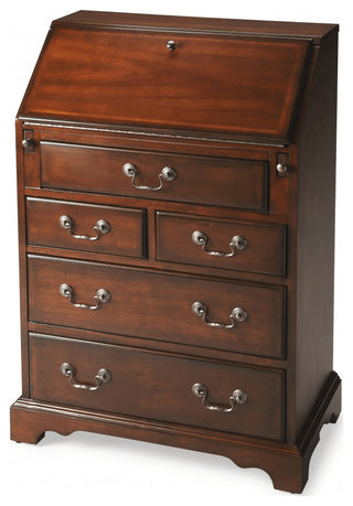 26" Brown Rubberwood Wood Secretary Desk With Five Drawers