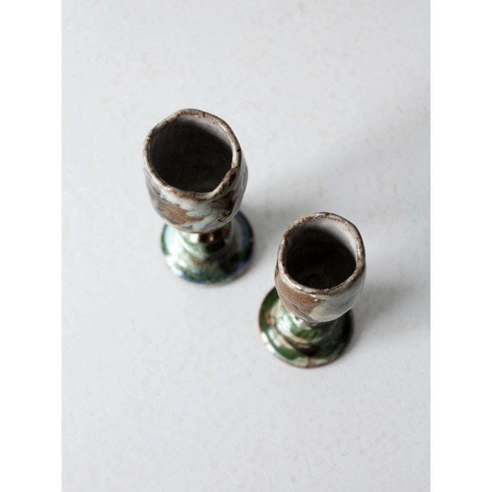 Consigned, Vintage Signed Studio Pottery Candleholders Pair