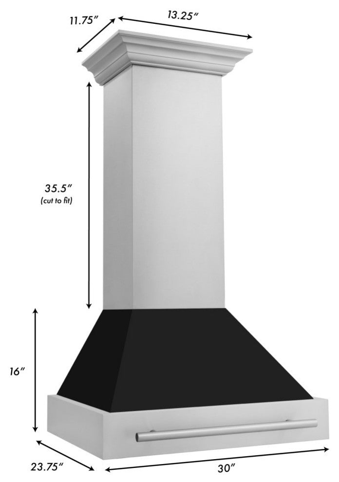 ZLINE 30" Wall Mount Hood Stainless Steel With Black Matte Shell 8654STX-BLM-30