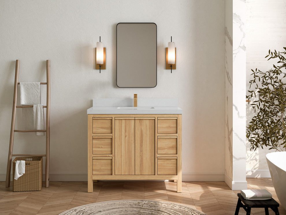 Elizabeth 42 Single Sink Bath Vanity in Light Natural Teak 2" Carrara Quartz