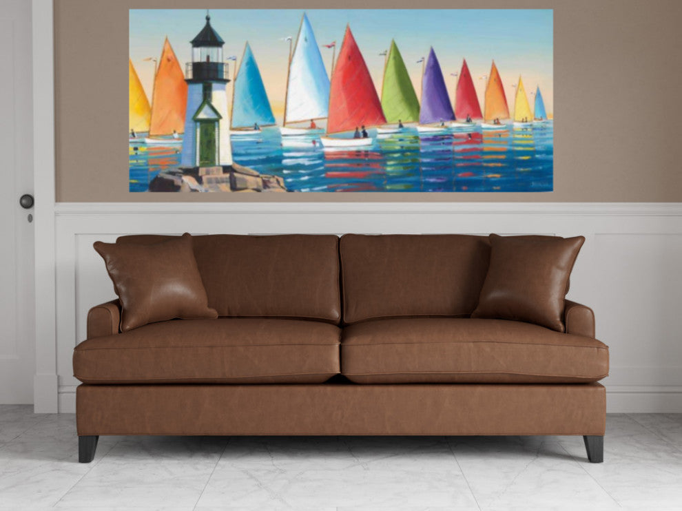 Colorful Sailboats With Lighthouse 2 Giclee Wrap Canvas Wall Art