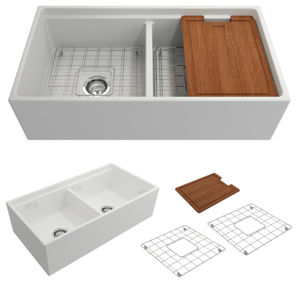 Bocchi Contempo 36D White Double Bowl Fireclay Farmhouse Sink W/ Integrated Work