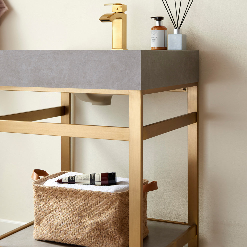 Funes Bath Vanity with Mirror, Brushed Gold Support, 24'', Grey Stone Top