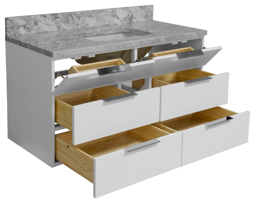 Oslo 42" Floating Wall Mounted Bathroom Vanity, White, Carrara Marble
