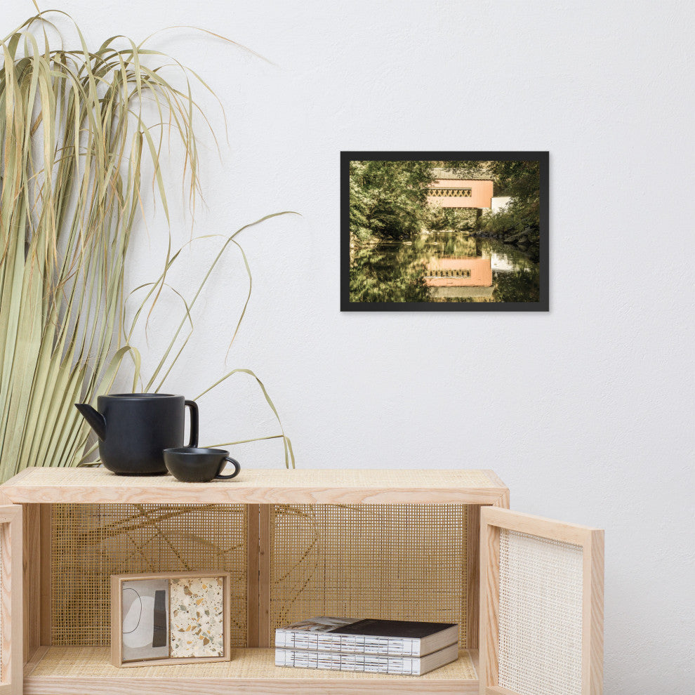 The Reflections of Wooddale Covered Bridge Aged Framed Photo Wall Art Print, Black, 12" X 16"