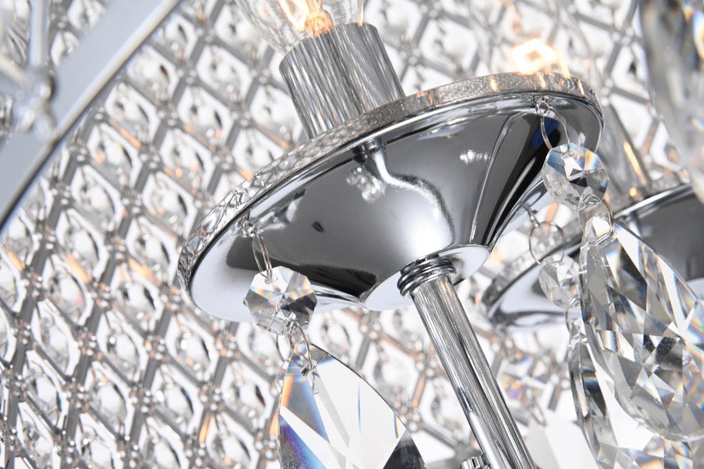 5-Light Chrome Round Beaded Drum Chandelier With Hanging Crystals