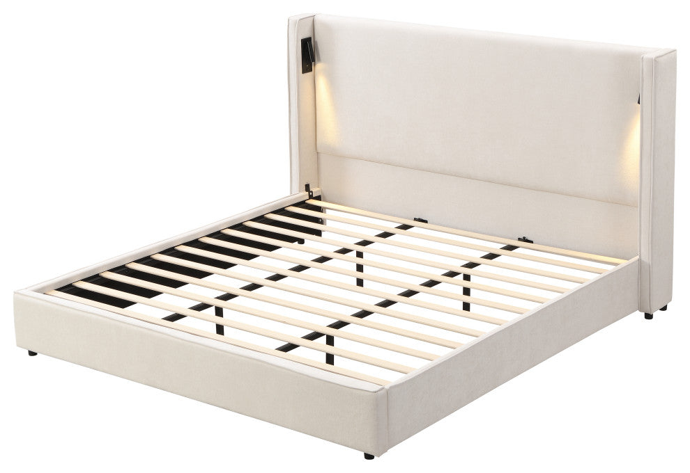 GDF Studio Fully-Upholstered Platform Bed With Reading Lamp & USB Port, King