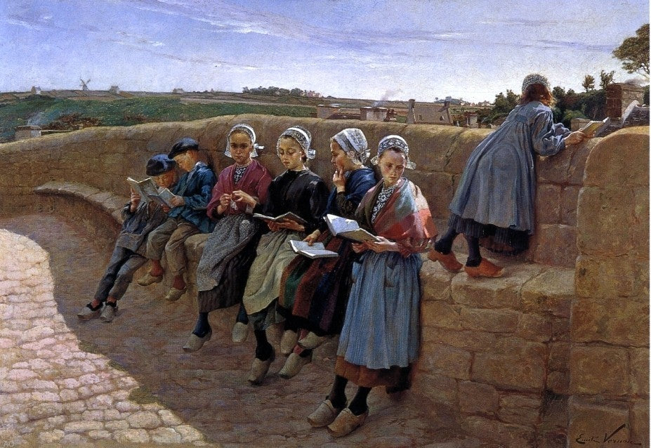 Emile Vernon Breton Children Reading, 18"x27" Gallery Wrapped Canvas Print