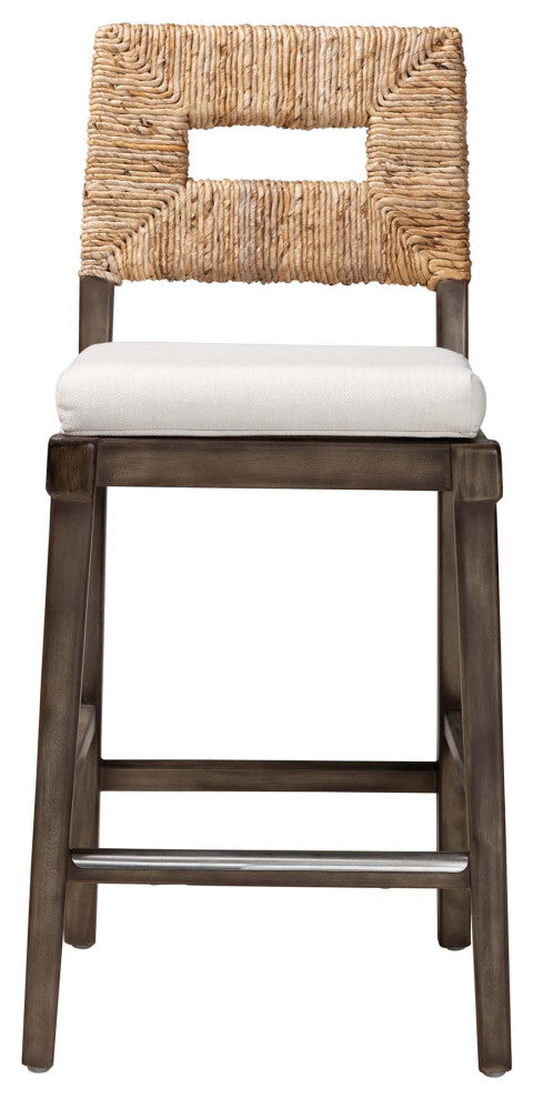 Modern Bohemian Dark Brown Finished and Natural Rattan Counter Stool