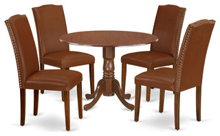 5Pc Round 42" Kitchen Table, Two 9"Drop Leaves, Four Chair, Brown Flaux Leather