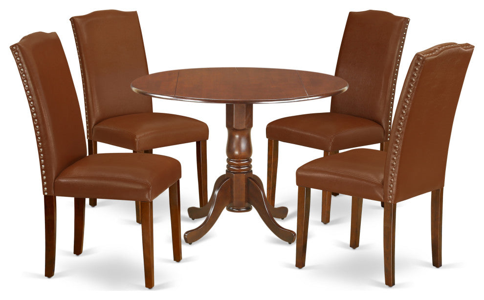 5Pc Round 42" Kitchen Table, Two 9"Drop Leaves, Four Chair, Brown Flaux Leather