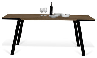 Modern Minimal Wood Top Metal Leg Dining Table, Walnut/Black