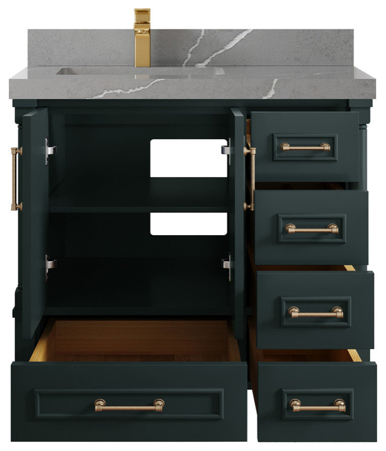 Aberdeen 36 Left Offset Bath Vanity in Dark Forest Green 2" Piatra Gray