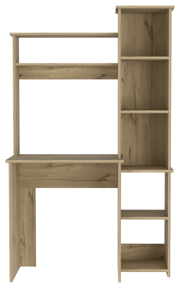 TATEUS 6-Shelf Home Office Writing Desk with Built-in Bookcase, Light Oak