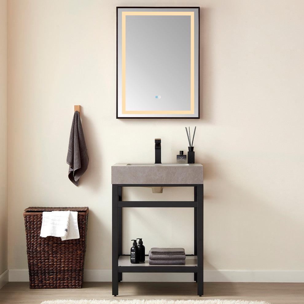Horizontal Rectangular LED Wall Mount Bathroom Mirror, Black, 24"