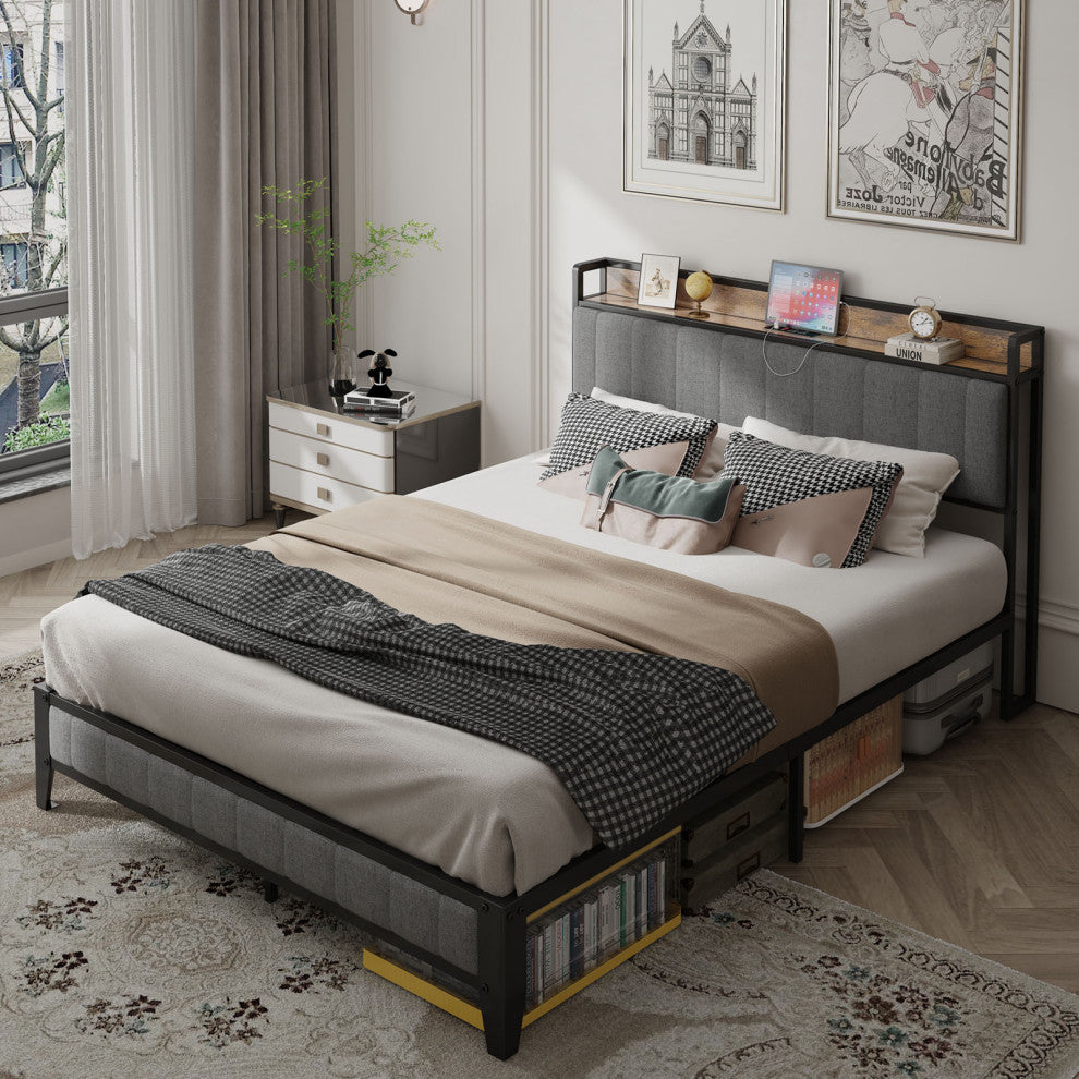 Gewnee Queen Size Bed Frame with Charging Station