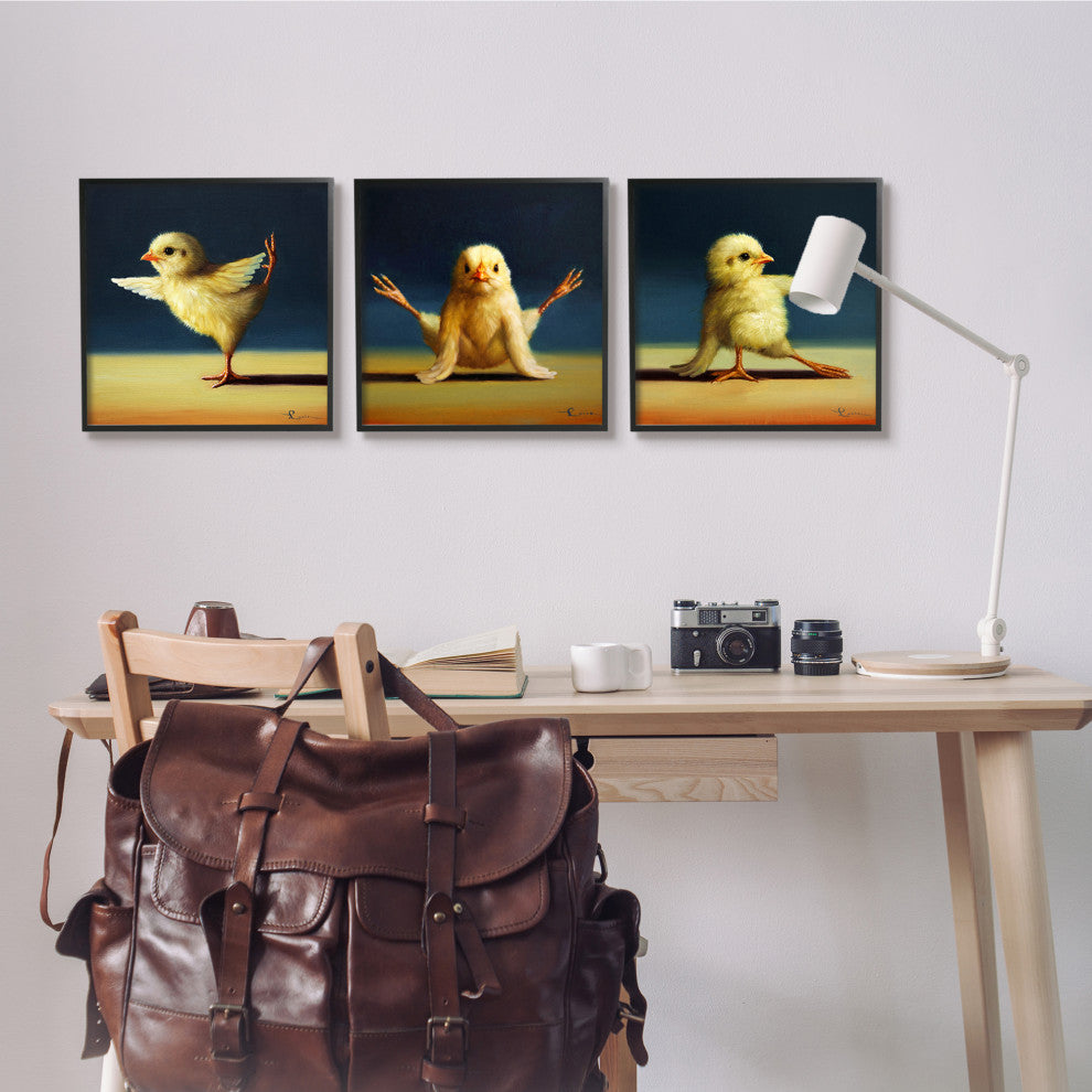 Funny Yoga Chick Trio Farm Birds Stretching Poses, 3pc, each 17 x 17