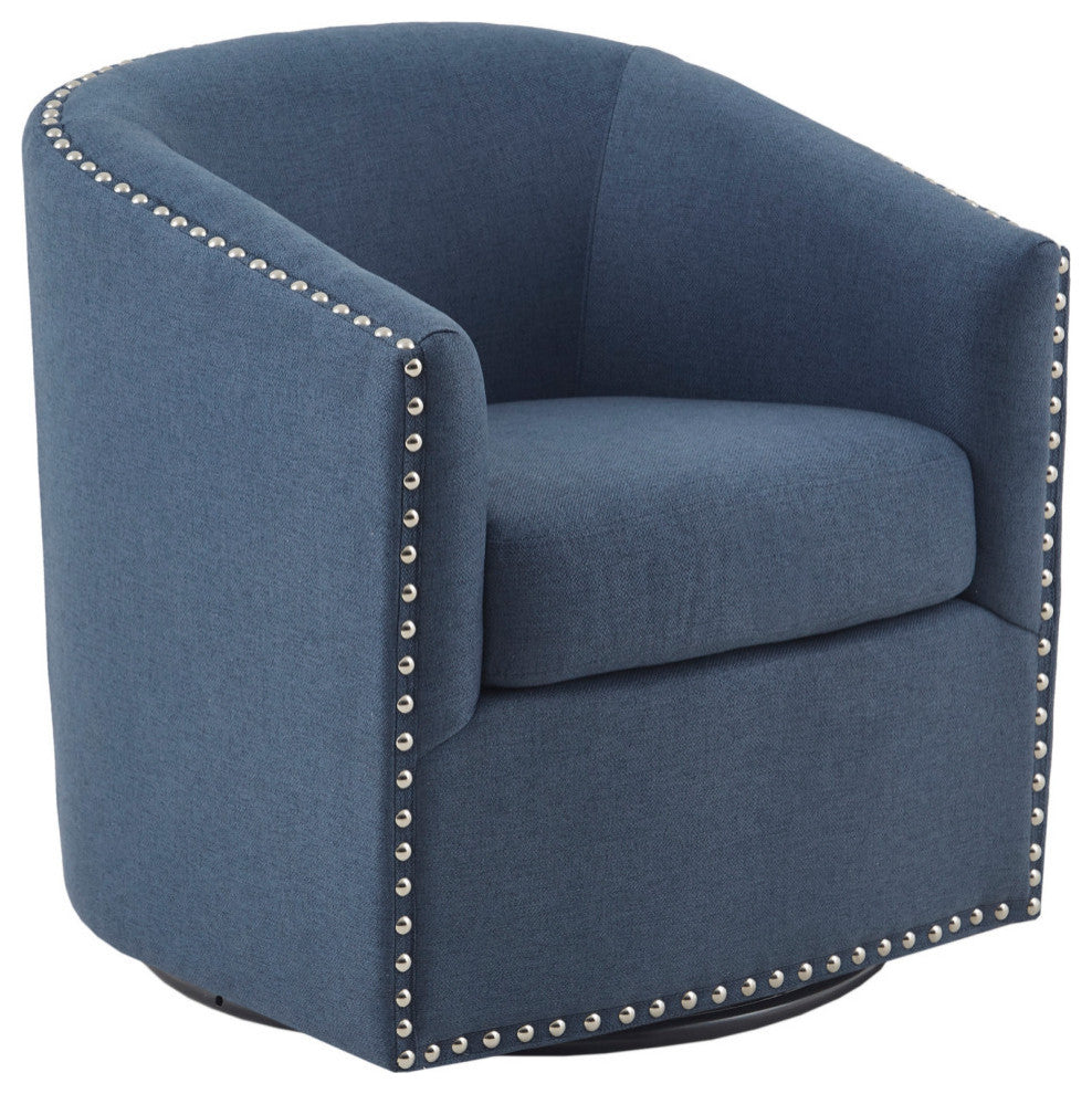 Madison Park Tyler Upholstered Swivel Barrel Chair with Nailheads, Blue