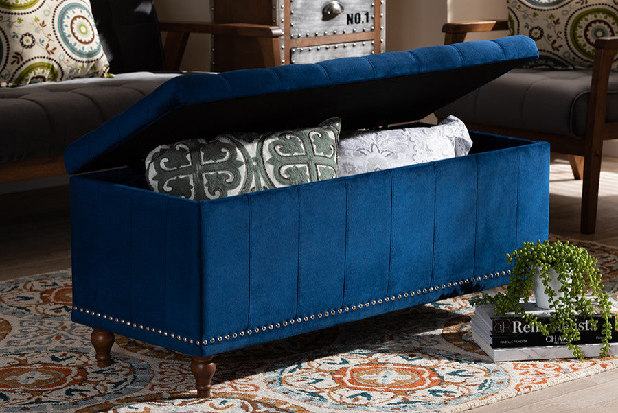 Geneva Navy Blue Velvet Fabric Tufted Storage Ottoman Bench
