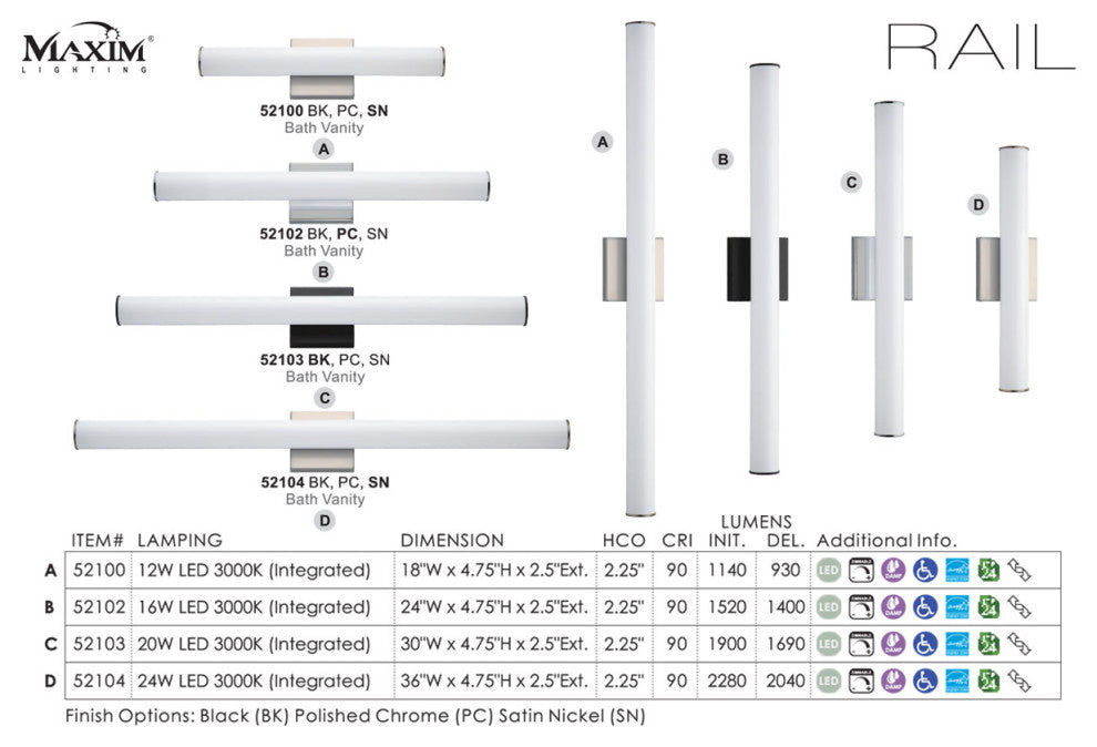 Maxim 52102 Rail 24" Tubular LED Bath Bar - Compliant - Satin Nickel