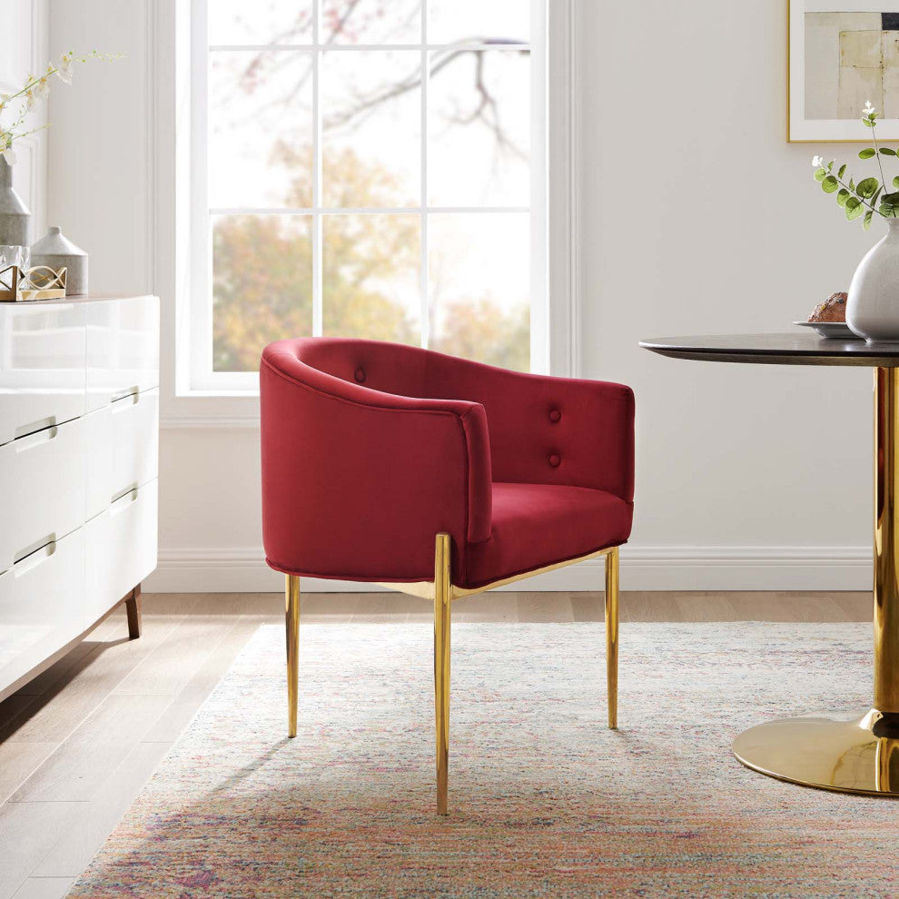 Tufted Accent Chair, Velvet, Metal, Red, Modern, Living Lounge Hotel Hospitality
