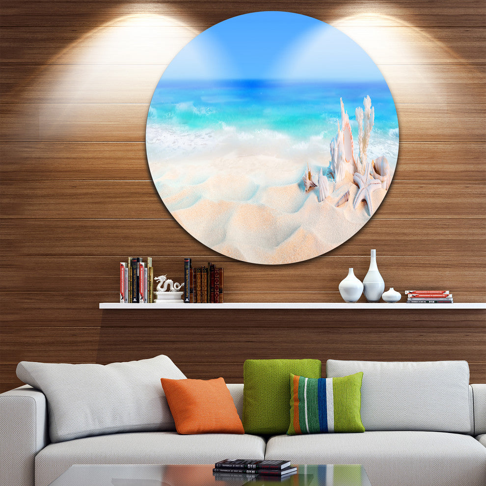 Seashells On Seashore, Beach And Shore Photo Disc Metal Artwork, 23"