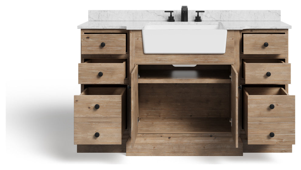 Fermo Bath Vanity, Weathered Fir, 60", Marble Top, Single Sink, Freestanding