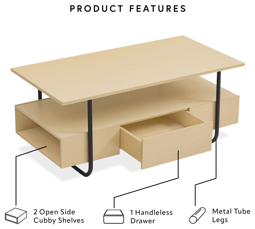 Rivo 33.50" Light Maple Rectangle Coffee Table With Drawer