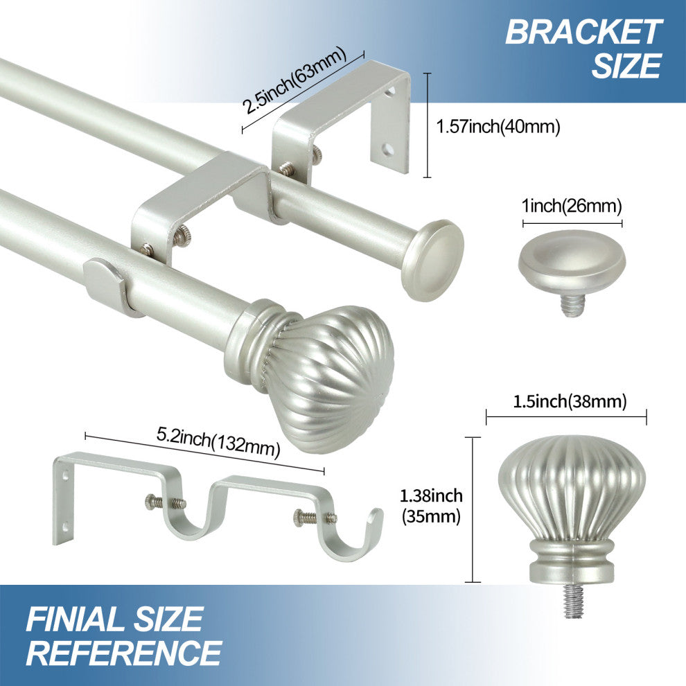 Fluted Ball Adjustable Double Curtain Rod Set, 5/8", Pewter, 48"-84"