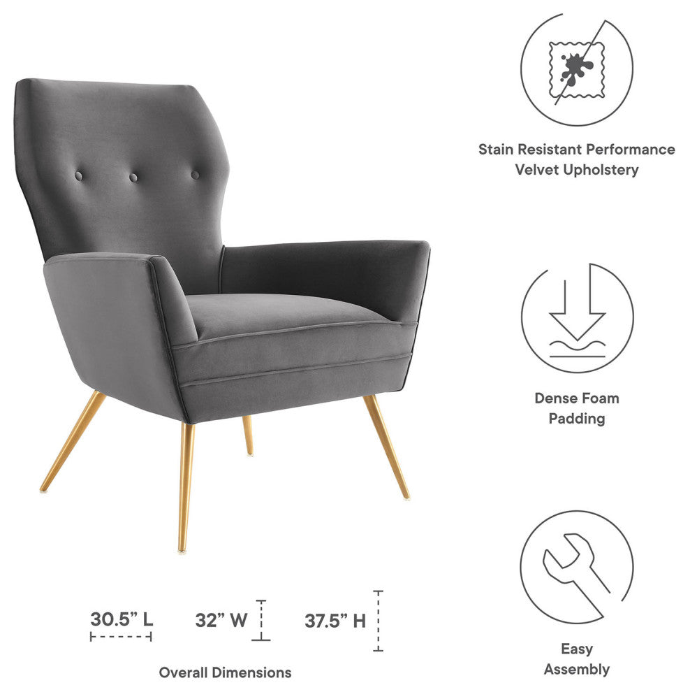 Armchair Accent Tufted Chair, Gray, Velvet, Modern, Mid Century Lounge