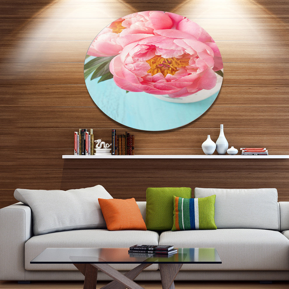 Bunch Of Light Pink Peony Flowers, Floral Large Disc Metal Artwork, 23"