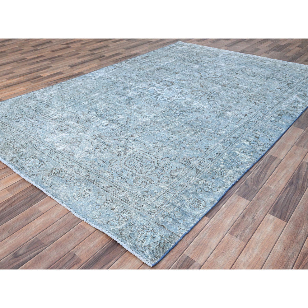Medium Turquoise Pure Wool Hand Knotted Vintage Persian Tabriz Rug 7'1"x10'7"
