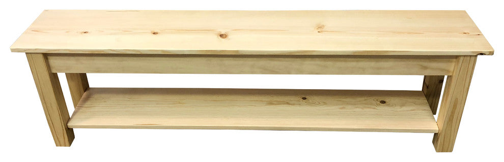 Pine Wood Storage Bench With Shelf, 66"