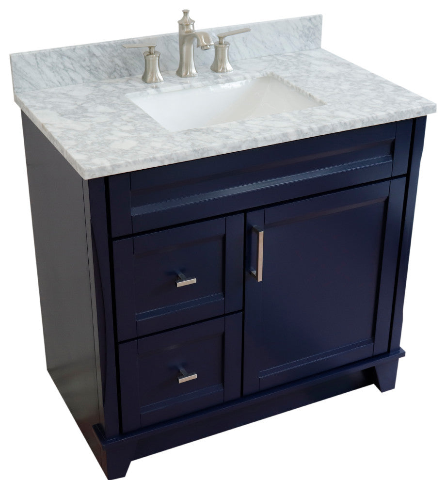 37" Single Sink Vanity, Blue Finish With White Carrara Marble
