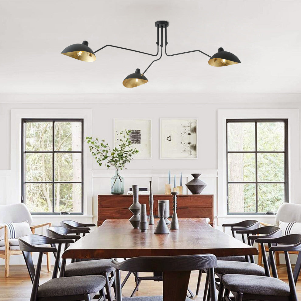 Farmhouse Matte Black 3-Light Semi Flush Mount Ceiling Light with Gold Leaf